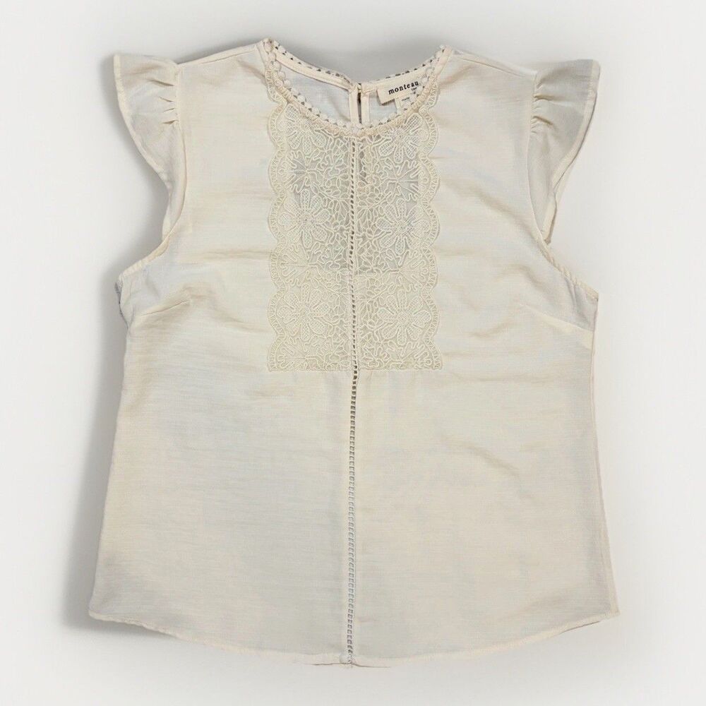 Monteau Embroidered Lace Cap Sleeve Blouse SIZE Medium Button Closer Ivory